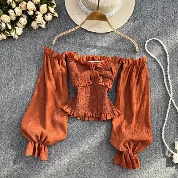 Горячая девушка, сексуальный, на одно плечо, с открытыми плечами, Fungus Edge, Bubble, приталенный короткий топ с длинными рукавами