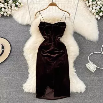 Горячая девушка, сексуальный топ-слинг, высококачественное темпераментное талии, тонкое плиссированное золотистое бархатное платье с разрезом, сумка на бедрах