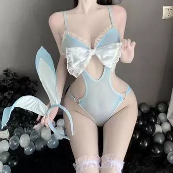 Горячая девушка-зайчик сексуальный костюм милый бэбидолл косплей униформа бант сладкий комбинезон очаровательный боди открытый стиль пижамы экзотические наряды One Size