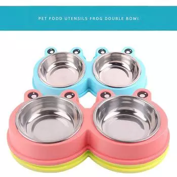 Горячая миска для домашних животных Пластиковая мультяшная лягушка Двойная миска Миска для домашних животных из нержавеющей стали Кормушка для домашних животных Миска для кошек Таз для собак Товары для животных