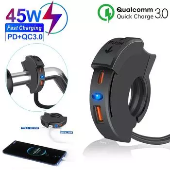 Горячая мотоциклетная QC 3.0 USB быстрое зарядное устройство водонепроницаемая розетка с портом типа C новая розетка PD мобильное зарядное устройство 12 В разъем для мотоцикла чёрный