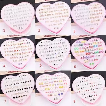 Горячая распродажа 1~36 пар Простые серьги Кристалл Форма сердца Костюм в коробке Модный пластиковый киоск