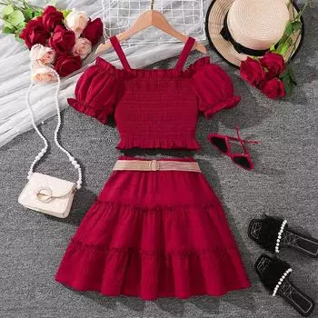 Горячая распродажа детских летних платьев, новый ретро-принт, полуюбка + топ с короткими рукавами, комплект из 2 предметов для девочек 7-14 лет 130cm/8Y красный