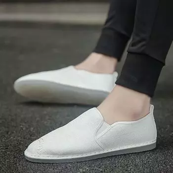 Горячая Распродажа Классические мужские белые мокасины ручной работы Slip-On Shoes Мужские удобные дышащие парусиновые туфли на плоской подошве Мужская ленивая повседневная обувь 39