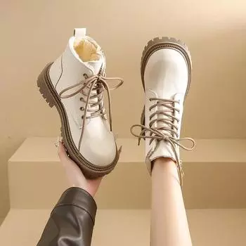 Горячая Распродажа, круглые современные ботинки, новые большие размеры 2024 года, модная женская обувь, перекрестная шнуровка, однотонные зимние женские ботинки по щиколотку 35 бежевый