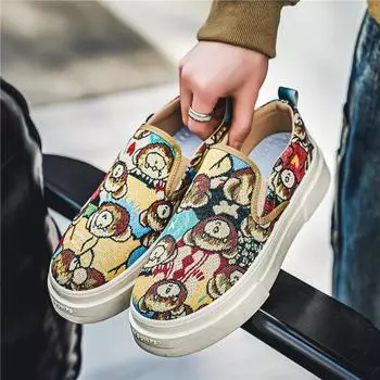 Горячая распродажа, модные дизайнерские холщовые туфли без застежек, мужские мокасины с принтом медведя, повседневные туфли на платформе, мужские дышащие туфли для вождения 39