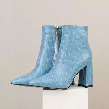 Горячая распродажа модных женских ботильонов, сексуальные толстые каблуки, заостренные носки, женские ботинки, зимние женские ботинки, черные, синие, коричневые, женская обувь 34 белый