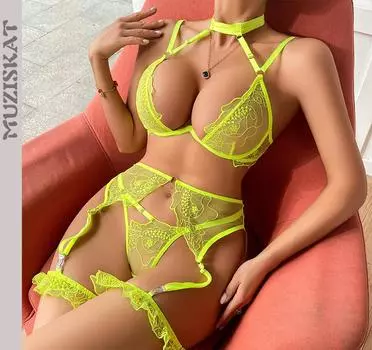 Горячая Распродажа Моды для женщин 2024 года, сетчатое кружево, вышивка, кружевной край, кольцо для ног, сращивание, сексуальный эротический бюстгальтер, комплект из четырех пяти предметов, Onlyfans M