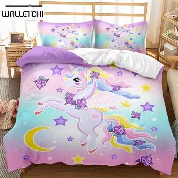 Горячая Распродажа Мультяшный Единорог Дети Девочки Розовый 3D Постельное белье Пододеяльник Постельное белье Животное Печатный Королева King Size Домашнее Постельное Белье EU single(135x200cm)