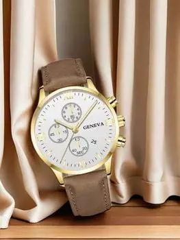 Горячая Распродажа Новые Кожаные Деловые Часы Мужские Повседневные Женевские Кварцевые Часы Three Eyes Мужские для Отдыха Спорта На Открытом Воздухе Бега Бизнес