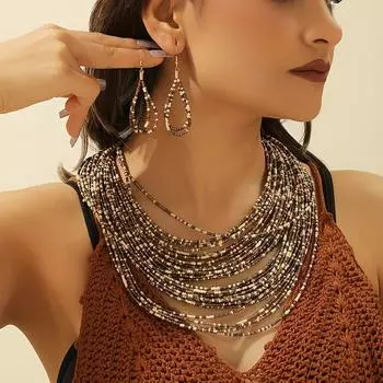 Горячая Распродажа Новый Персонализированный Ретро Богемный Этнический Стиль Простой Стиль Ручной Работы Многослойные Серьги Ожерелье Набор Аксессуаров дубильная кора