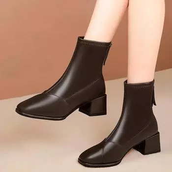 Горячая Распродажа обуви для женщин, женские сапоги на молнии, высокое качество, модные квадратные носки, офисные и карьерные короткие плюшевые сапоги Zapatos 35