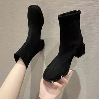 Горячая Распродажа Женские Туфли Женские Сапоги Зимние Замшевые Квадратные Носки Твердые Средней Трубы Толстый Каблук Модные Сапоги Zapatos 35