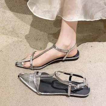 Горячая Распродажа женской обуви 2024 года, новые модные женские сандалии в корейском стиле с острым носком, летние простые сандалии с тонким ремешком на пятке 35