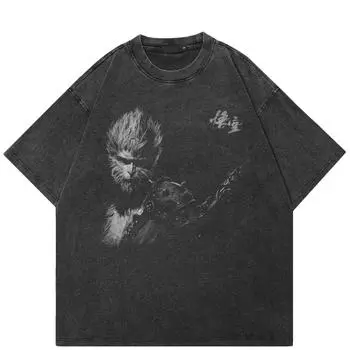 Горячая уличная одежда BLACK MYTH WUKONG Графическая выстиранная черная футболка Хлопок унисекс Топы Футболки Футболка с короткими рукавами S чёрный