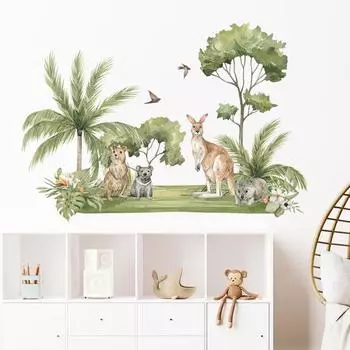 Горячие, 2 шт. Наклейки на стены, стикеры на стену, мультяшный кенгуру, енот, тропические зеленые растения, обои на стену