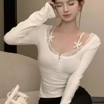 Горячие футболки женские сексуальные тонкие кружевные банты шикарные с длинным рукавом новая модная осенняя женская одежда универсальный корейский стиль внутри S белый