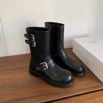 Горячие продажи весна и осень женские сапоги 2024 круглый носок однотонный низкий каблук короткая пряжка повседневные женские модные сапоги 35 чёрный