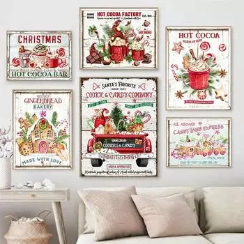 Горячий шоколад Candyland Express Пряники Вывеска для выпечки Винтажные рождественские настенные художественные холсты Картина Спальня Домашний декор 21x30cm No Framed
