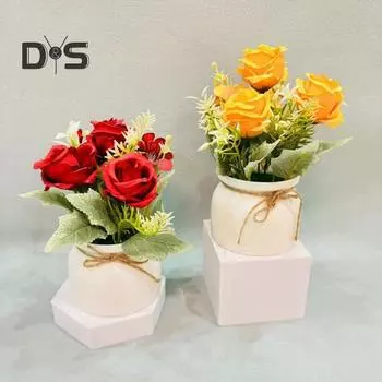 Горшечное растение в скандинавском стиле, три розы, маленький горшок с ободком, бонсай, реалистичные имитационные растения для домашнего декора оранжевый