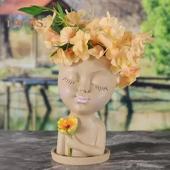 Горшок для цветов яркий внешний вид, декоративные, устойчивые к коррозии, необычные милые девушки, форма головы и лица, полимерный цветочный горшок, товары для дома бежевый