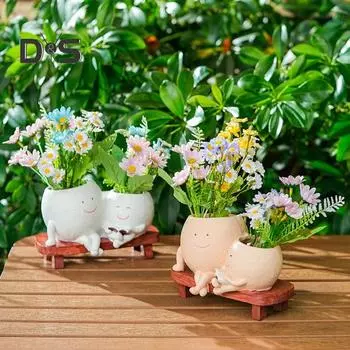 Горшок для цветов с изображением улыбающегося лица, смоляной, с изображением головы дамы, с изображением лица девушки, цветочный горшок с двумя головками, суккулентный горшок с дренажным отверстием для домашнего офиса, балкона хаки