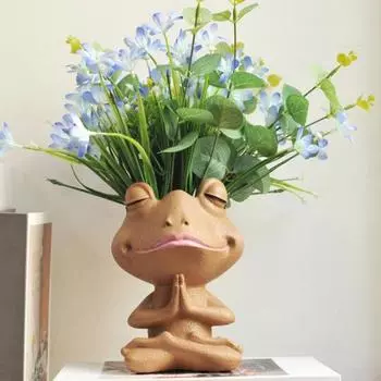 Горшок для цветов с молящейся лягушкой и дренажным отверстием, смола, фигурка лягушки для йоги, цветочный горшок, контейнер для комнатных и уличных растений, украшение для дома, балкона и сада белый