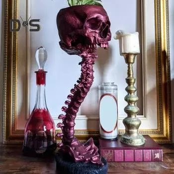 Горшок для цветов в виде черепа с подставкой для позвоночника, реалистичный цветочный горшок из смолы в виде черепа, готическое украшение для дома, конфетница на Хэллоуин для домашнего офиса серебряный