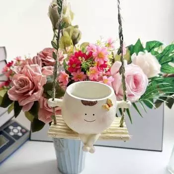 Горшок для цветов Yousheng с качающимся лицом, подвесные горшки из смолы в форме куклы для использования в помещении и на открытом воздухе, домашний садовый декор, цветочные горшки с сочными травами бежевый