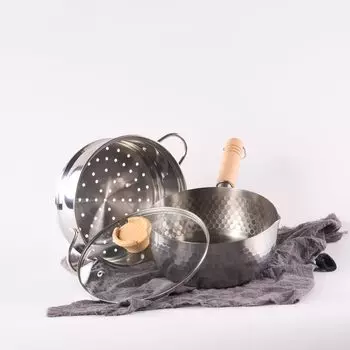 Горшок Юкихира из нержавеющей стали Cokwer, газовый, 18 см, с пароваркой, с одной ручкой, с удобным носиком, с деревянной ручкой, кованый горшок Юкихира