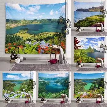 Горы, озеро, цветы, настенное искусство, декоративный эстетический гобелен, фон, Настенный декор, гостиная, спальня, домашний декор, гобелен 100X75CM