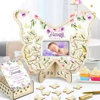 Гостевая книга для детского душа с ручкой Деревянные ломтики Гостевая книга для вечеринки по случаю дня рождения Альтернативное украшение в виде рамки для фотографий в виде бабочки из молочной коровы A