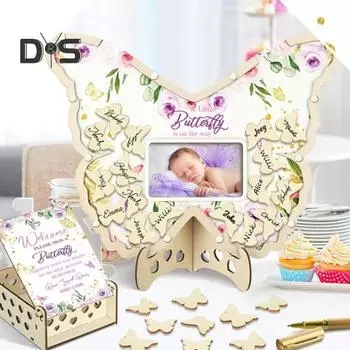 Гостевая книга для детского душа с ручкой Деревянные ломтики Гостевая книга для вечеринки по случаю дня рождения Альтернативное украшение в виде рамки для фотографий в виде бабочки из молочной коровы B