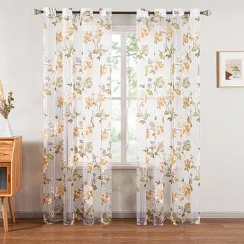 Гостиная Пионовый узор Тюль Цветочные занавески Домашнее украшение Прозрачные занавески Оконные занавески S жёлтый