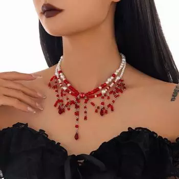 Gothic Bat Blood-Stained Fringed Collarbone Multi-Layer Necklace, Beaded Blood Dripping Handmade Necklace Woman