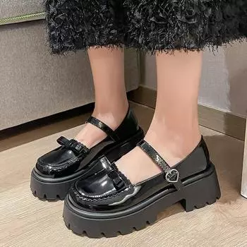 Gothic Chunky High Heels Woman 2024 summer Patent Leather Platform Mary Jane Shoes Female Black Thick Heeled Jk Lolita Shoes 4.5