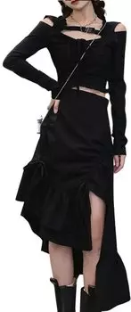 Gothic Clothes Mode Punk Skirt Long Sleeve Off Shoulder Large Size Cosplay Mine Long Skirt Asymmetric Black Tops Costume Setup Sick Separate 2 Piece
