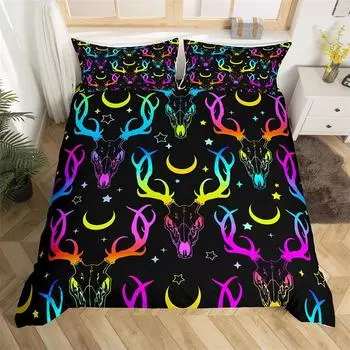 Gothic Deer Skull Duvet Cover Farm Animal Bedding Set Polyester Moon Star Comforter Cover Queen For Boys Girls Teens Room Decor 70x133cm 2pcs