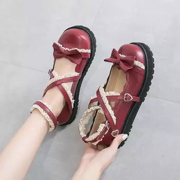 gothic lolita shoes Women s Kawaii red Cosplay shoes with bow Princess Shoes Students girls Lovely Cross Straps Mary Jane Shoes 4.5 белый