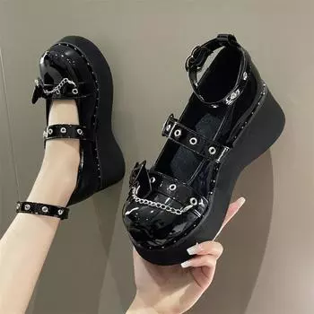 Gothic metal chain Lolita Shoes Platform Mary Janes shoes for Women Round Head Thick Heel Ankle Straps Punk pumps Cosplay shoes 4.5 чёрный