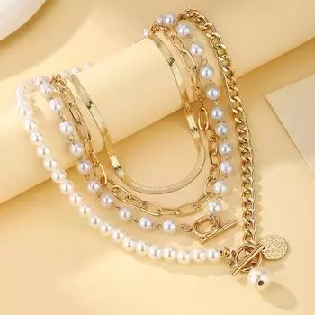 Gothic Metal Disc Pendant Flat Snake Chain Clavicle Necklace Punk Imitation Pearl Chain Multi Layered Choker Women Neck Jewelry