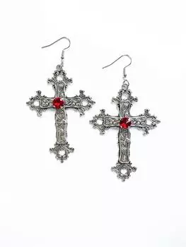 Gothic Punk Silver Cross Rhinestone Earrings
