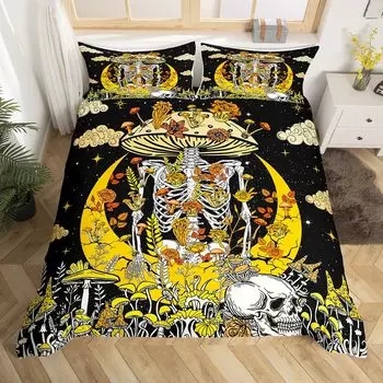 Gothic Skull Bedding Set King Queen Bohemian Skeleton Sun Duvet Cover Trippy Mushroom Comforter Cover Flower Plant Quilt Cover EU Single(135x200cm)