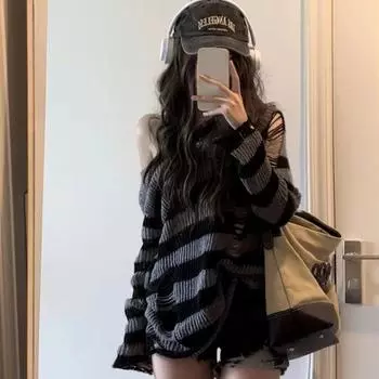 Готический уличный полосатый вязаный свитер женский Harajuku панк ажурный джемпер свободные универсальные топы XS серый