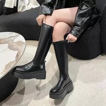 Gothic Thick High Boots Women Platform Wedges Motorcycle Boot Knee-High Army Stripper Heels Punk Shoes Mujer De Botas 2024Autumn 35 чёрный