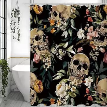 Готическая Череп Цветочный Винтажный Причудливый Черный Бохо Занавеска для душа, Декоративная занавеска для душа для ванной комнаты, Водонепроницаемая занавеска для душа 90*180cm