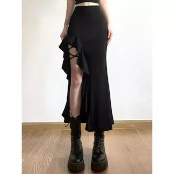 Готическая черная облегающая юбка средней посадки с высокой талией E-Girl, панк-рюши с разрезом, юбки трапециевидной формы Y2K, модная женская уличная одежда, низ S чёрный