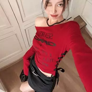 Готическая футболка с принтом в стиле гранж, женские нерегулярные укороченные топы на шнуровке Y2k, винтажные топы, уличная одежда, футболки в корейском стиле, осень S красный