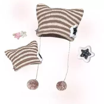 Готическая гранжевая шапка ручной работы с милыми пятизвездочными кошачьими ушками в полоску, защитная женская шапка с капюшоном, ветрозащитная шерстяная One Size серый