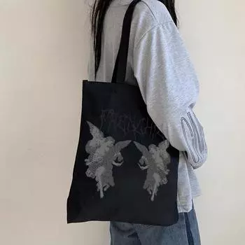 Готическая холщовая сумка с принтом ангела в стиле панк, повседневная забавная сумка-шоппер в стиле Харадзюку, темная уличная женская сумка на плечо в стиле хип-хоп 24*26cm